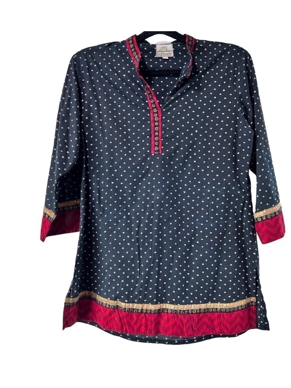 Sabhyata Navy Polka Dot Top with Pink Trim
